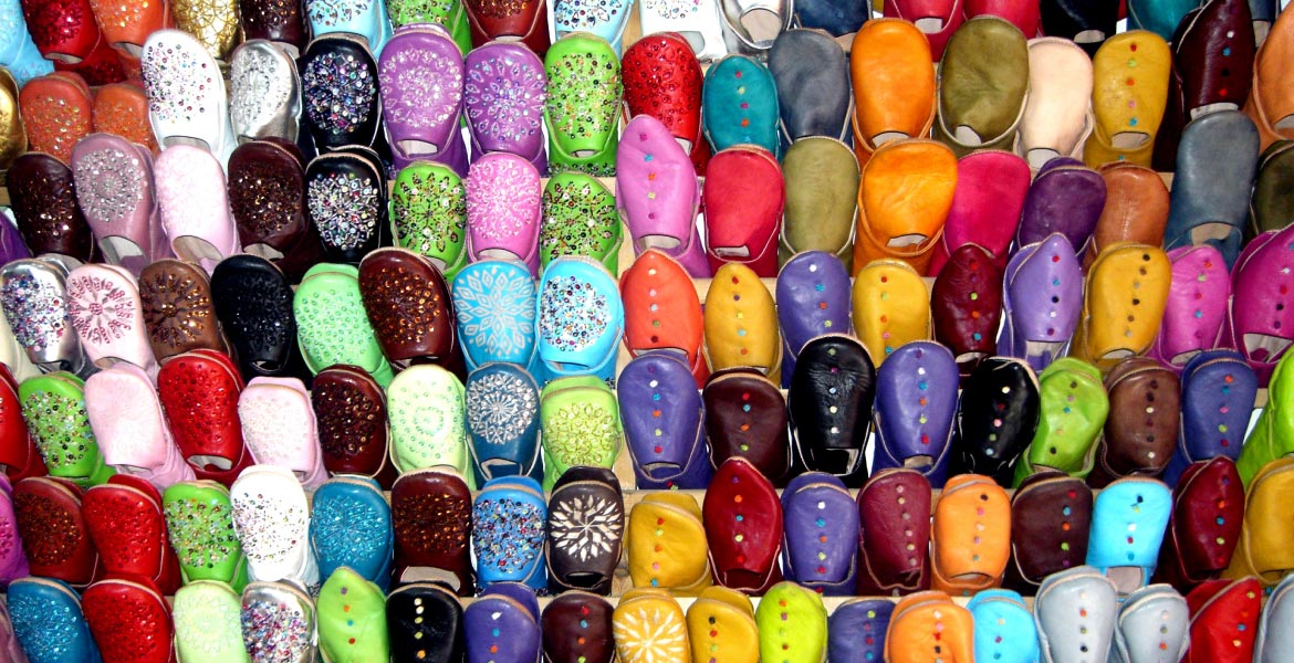 A rack of slippers at a Moroccan market; photo courtesy of Tom Paradise