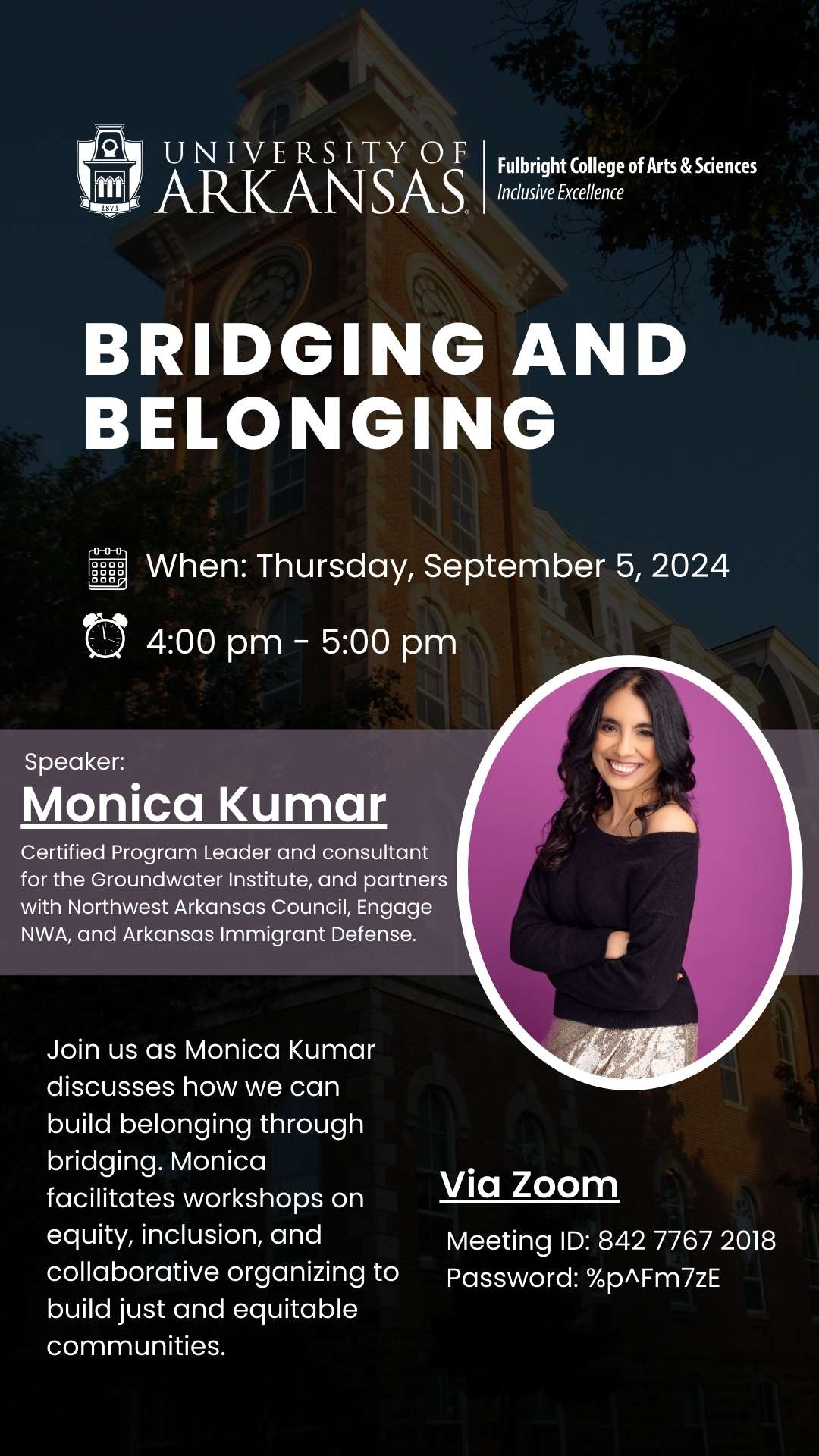 Flyer promoting a salon with Monica Kumar on September 5th, 2024 from 4:00 pm to 5:00 pm about her experience with Bridging and Belonging