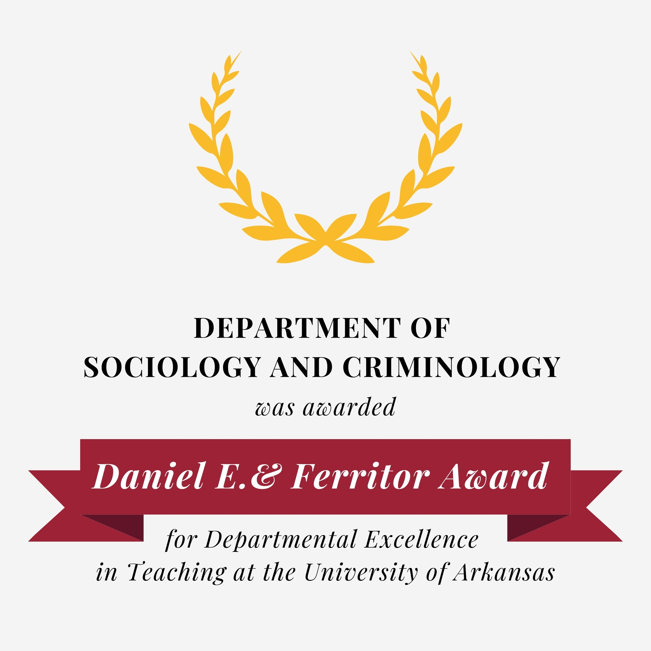 Department of Sociology and Criminology received the 2021 Daniel E. Ferritor Award for Departmental Excellence in Teaching at the University of Arkansas.