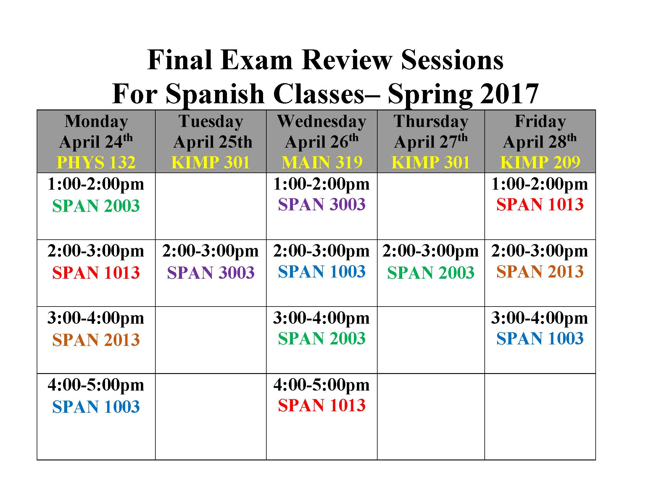 spanish exam schedule