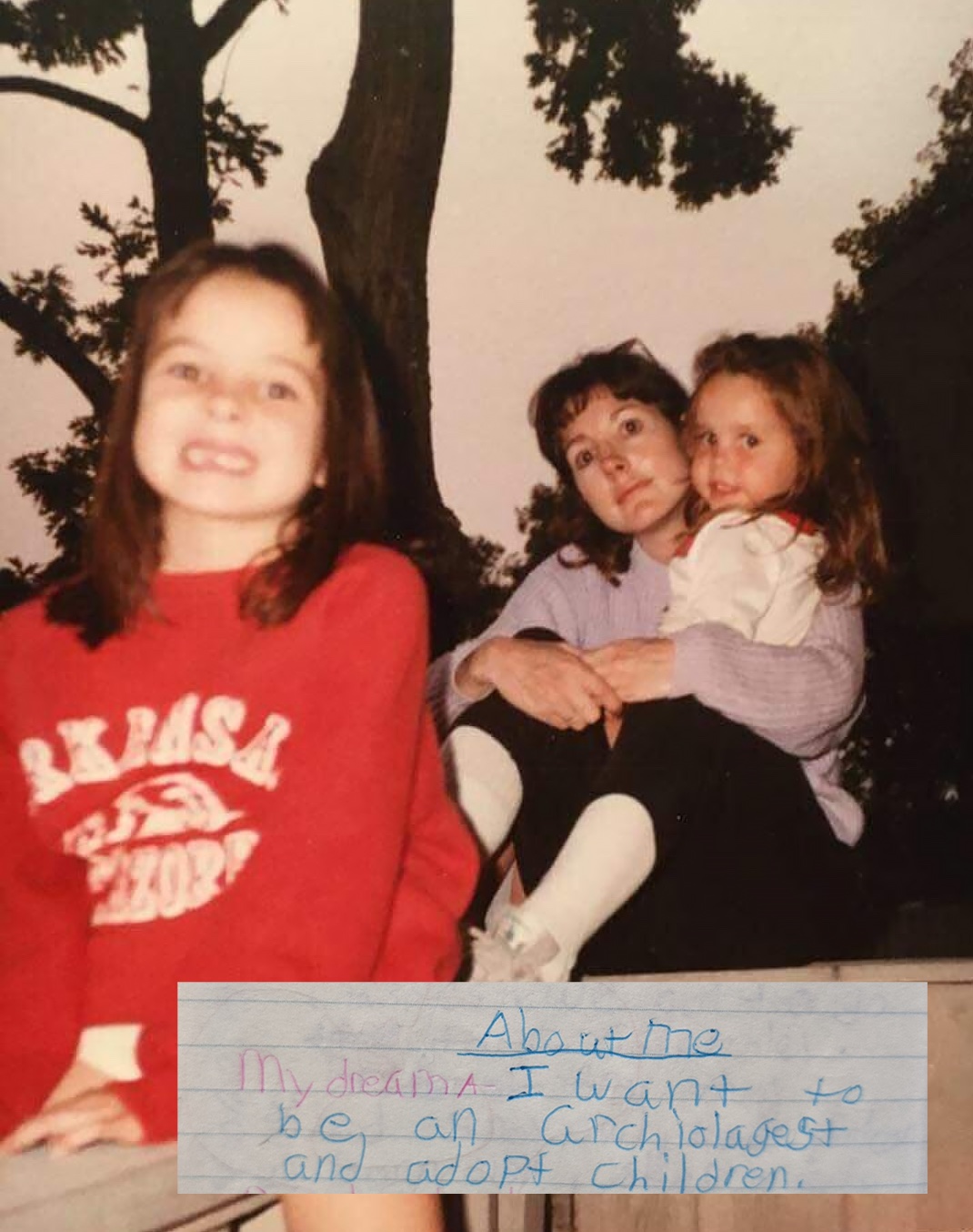 Dr. Vennarucci (front) as a child with her mother and sister (back), as well as her diary entry (foreground).