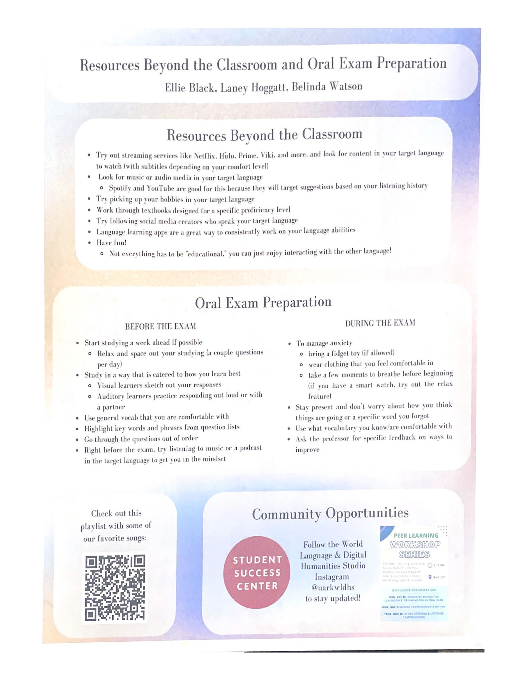 Reasources Beyond the Classroom and Oral Exam Preparation Handout